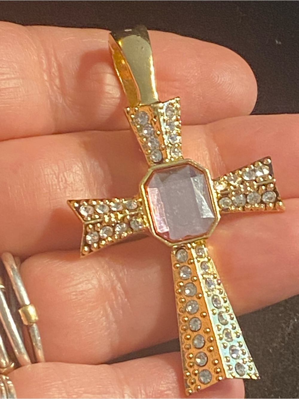 Vintage RMN Roman Co Gold Tone Cross Pendant Square Pink Stone Rhinestone